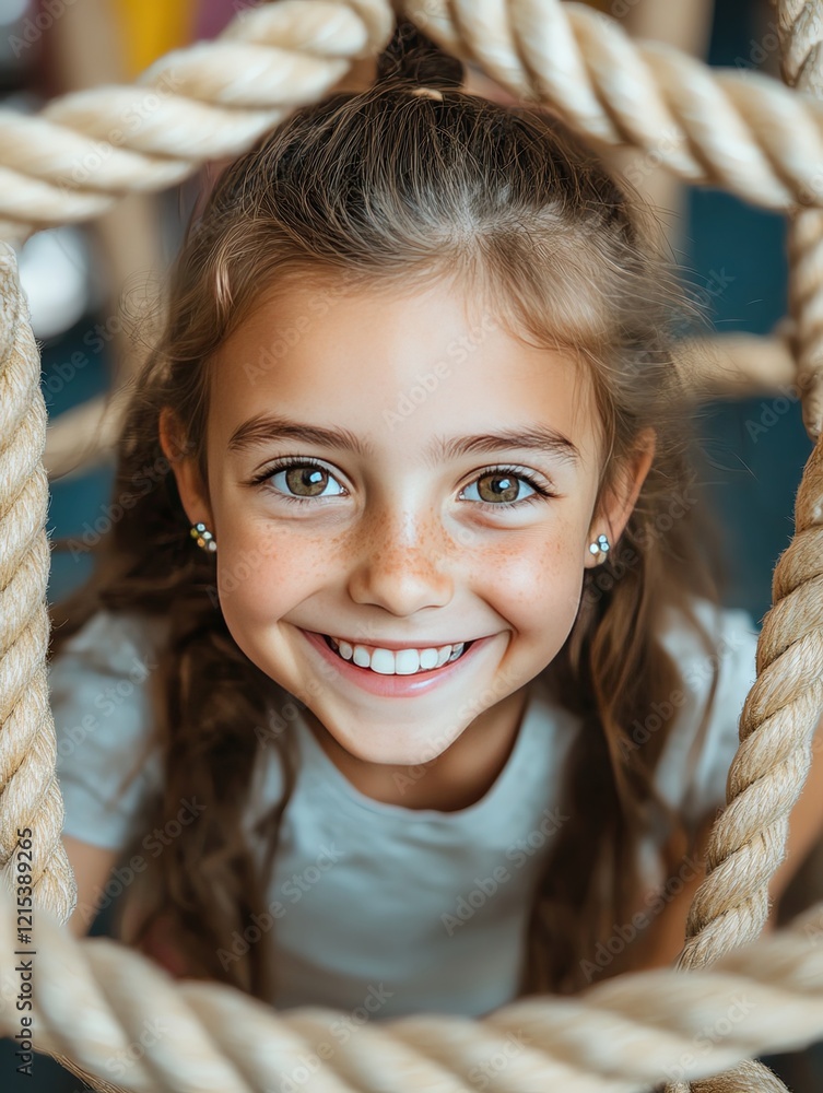 A cheerful girl smiles in a vibrant playground, surrounded by friends enjoying a sunny day Smiling girl playing in a rope structure.