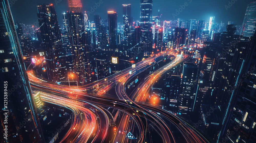 Naklejka premium Smart digital Innovation city with connection network reciprocity over the twilight cityscape. of future smart wireless digital city and social media networking systems that connects people with city