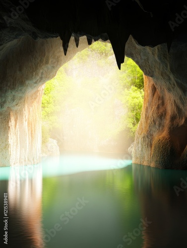 Mystical Teal Grotto Peaceful Underground Lake - Serene underground lake, sunlight filtering through cave opening, peaceful teal water, tranquil atmosphere, hidden natural wonder. photo