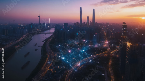 Smart digital Innovation city with connection network reciprocity over the twilight cityscape. of future smart wireless digital city and social media networking systems that connects people with city
