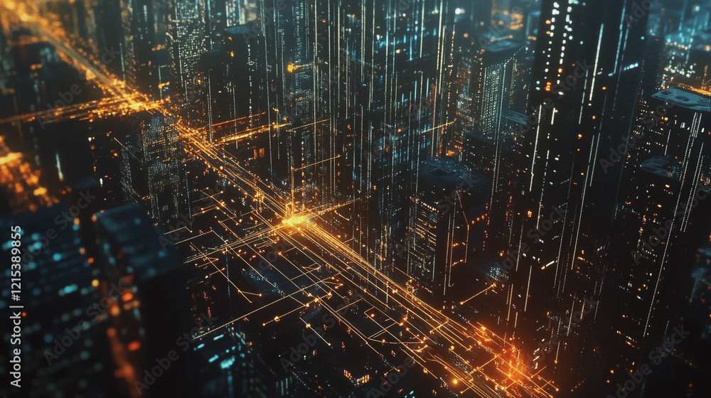 Smart digital Innovation city with connection network reciprocity over the twilight cityscape. of future smart wireless digital city and social media networking systems that connects people with city
