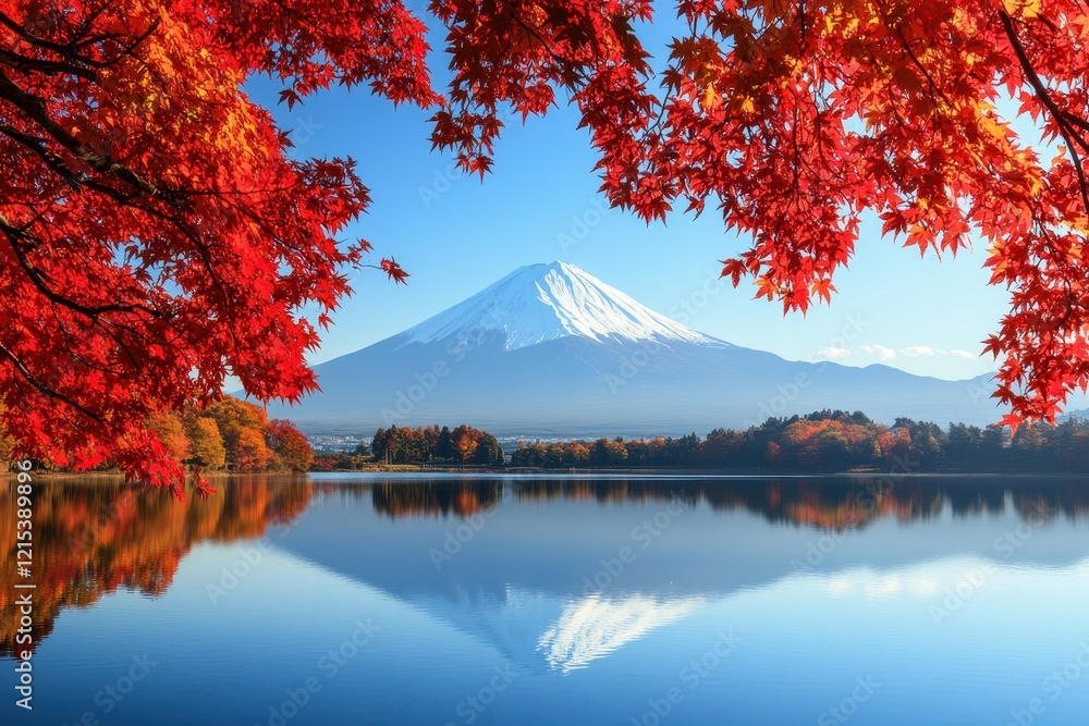 Fototapeta premium A tranquil lake framed by vibrant red and orange autumn leaves