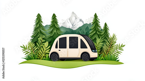 whimsical autonomous vehicle surrounded by lush greenery and mountains photo