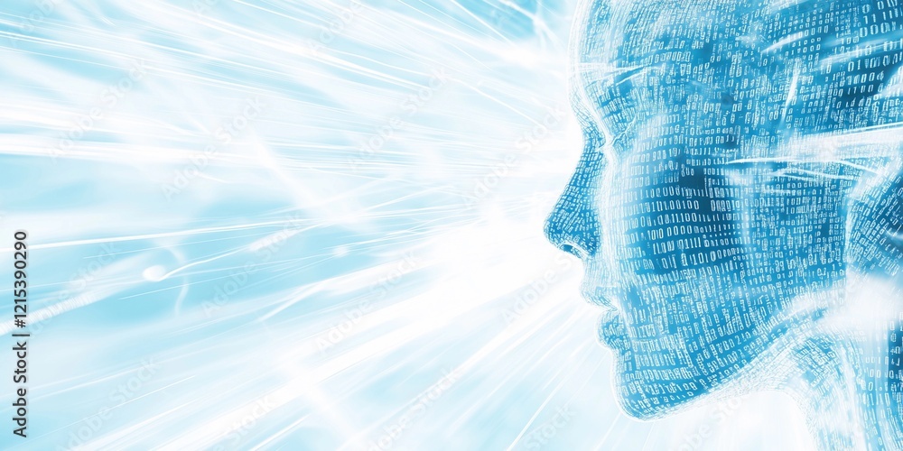 Futuristic human face formed from cascading binary code illuminated by radiant digital energy Futuristic human face formed from cascading binary code illuminated by radiant digital energy