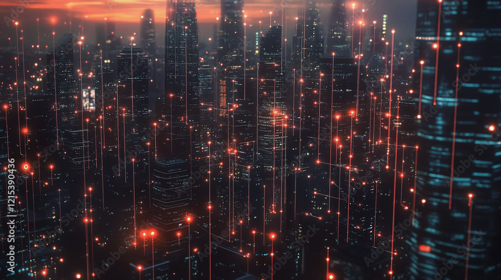 Fototapeta premium Smart digital Innovation city with connection network reciprocity over the twilight cityscape. of future smart wireless digital city and social media networking systems that connects people with city 