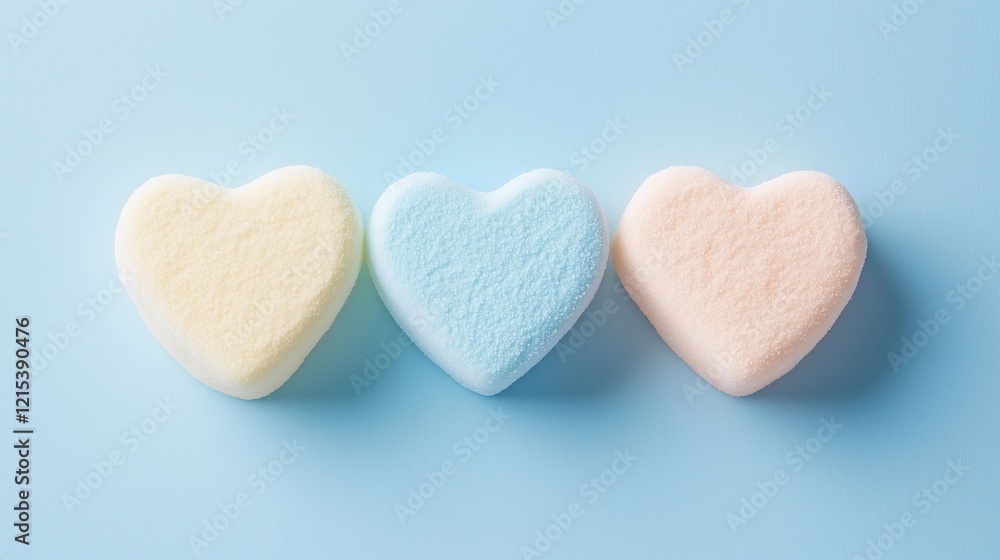 Obraz premium Soft pastel heart shapes delicately arranged on a serene blue backdrop evoke feelings of love and tranquility
