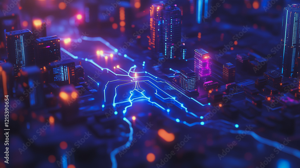 Obraz premium Smart digital Innovation city with connection network reciprocity over the twilight cityscape. of future smart wireless digital city and social media networking systems that connects people with city 
