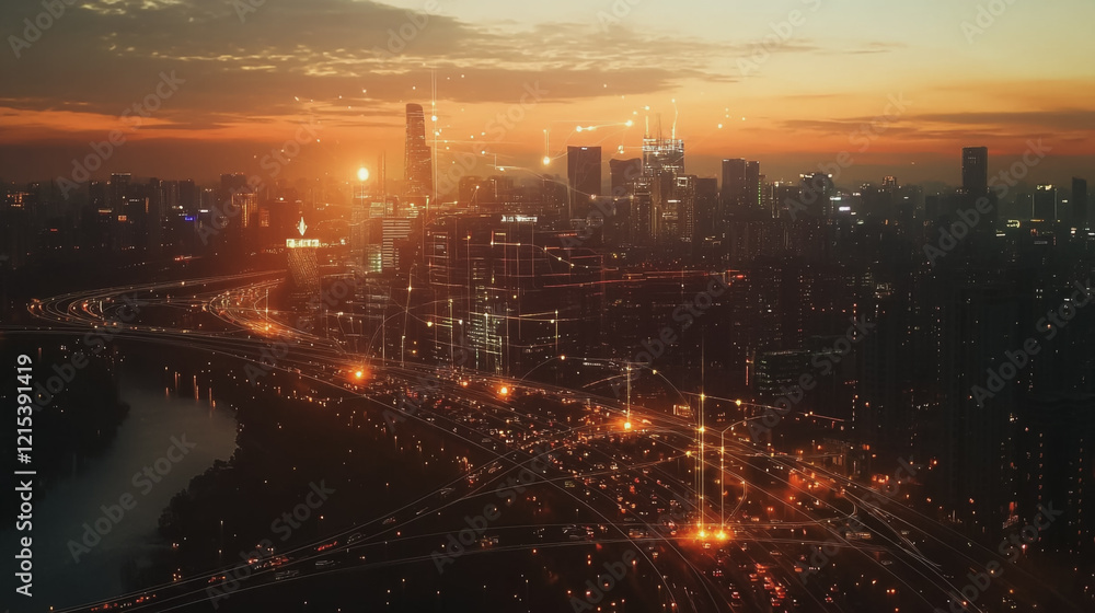 Fototapeta premium Smart digital Innovation city with connection network reciprocity over the twilight cityscape. of future smart wireless digital city and social media networking systems that connects people with city 