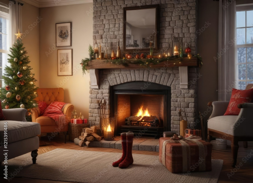 Fototapeta premium Cozy living room scene with a crackling fireplace, stockings, and holiday decorations, crackling fire, stockings,