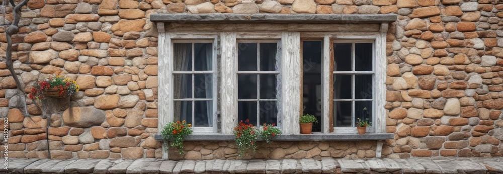 Fototapeta premium Cozy rustic stone building with white framed windows and lace curtains on a cloudy day, stone, natural light