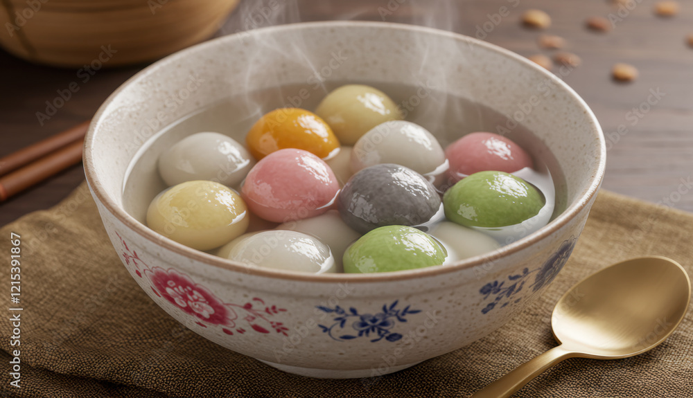 A bowl of Tangyuan ,Taiwanese sweet glutinous rice balls in a sweet broth, the balls some with fillings like black sesame or peanut paste, symbolizing family unity and togetherness, Lunar New Year A bowl of Tangyuan ,Taiwanese sweet glutinous rice balls in a sweet broth, the balls some with fillings like black sesame or peanut paste, symbolizing family unity and togetherness, Lunar New Year