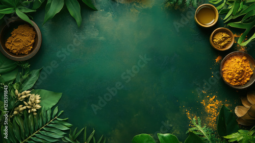 Clean and Detailed Close-Up of Ayurvedic Healing Plants, Oils, and Powders, Featuring a Generous Amount of Open Space on the Right for Adding Text copy space