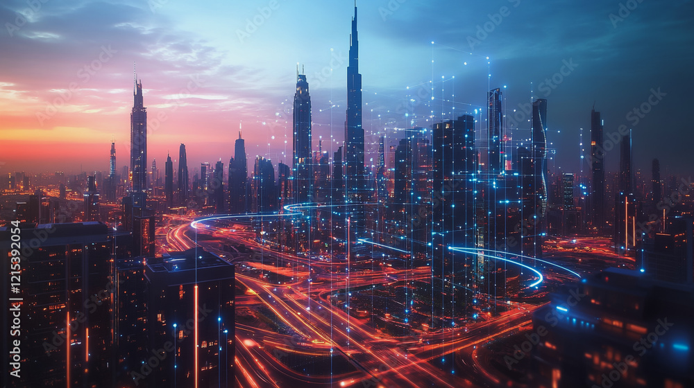 Fototapeta premium Smart digital Innovation city with connection network reciprocity over the twilight cityscape. of future smart wireless digital city and social media networking systems that connects people with city 