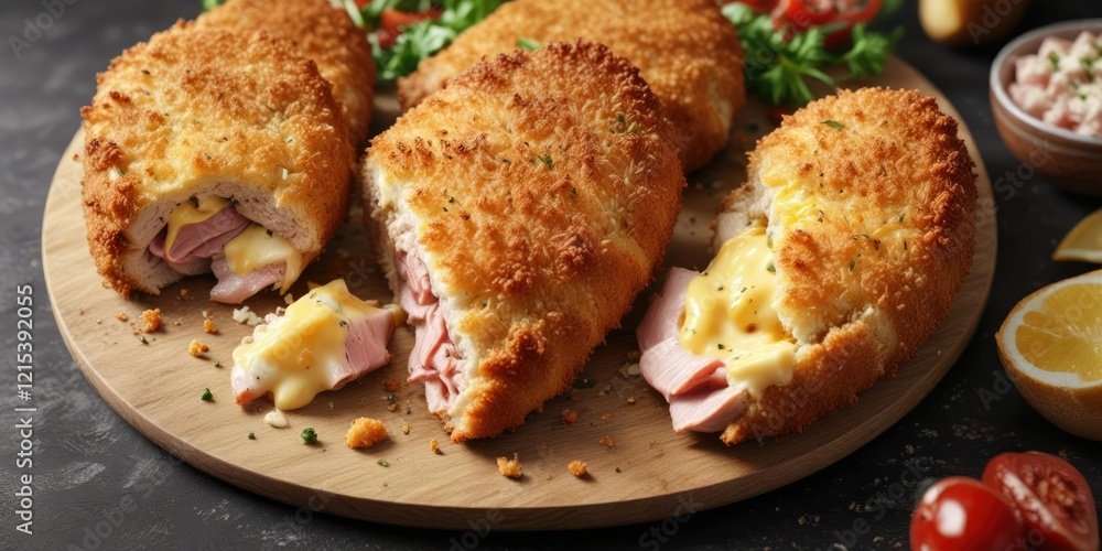 Crispy breadcrumb coated cutlet with ham and cheese filling , savory delight, crispy exterior Crispy breadcrumb coated cutlet with ham and cheese filling , savory delight, crispy exterior