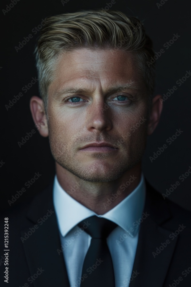 A striking portrait of a confident man dressed in a tailored suit, showcasing sharp features and piercing blue eyes against a dark, moody background. A striking portrait of a confident man dressed in a tailored suit, showcasing sharp features and piercing blue eyes against a dark, moody background.