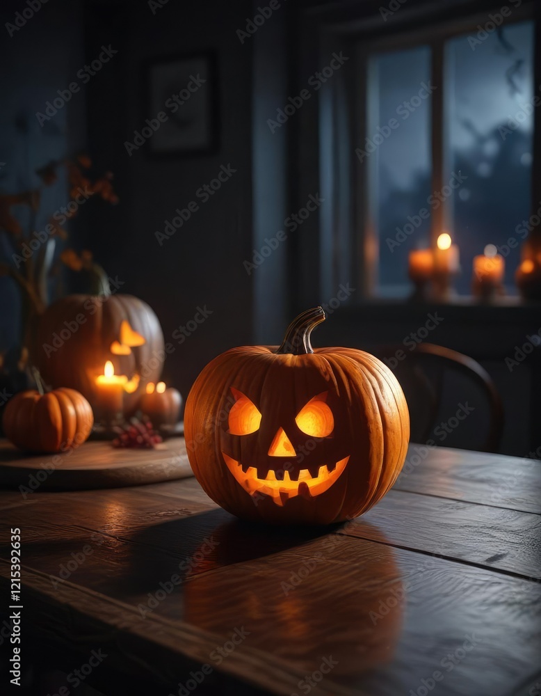 Darkened room with a carved pumpkin on a table in the foreground, illuminated only by faint moonlight, abandoned, dimly lit Darkened room with a carved pumpkin on a table in the foreground, illuminated only by faint moonlight, abandoned, dimly lit