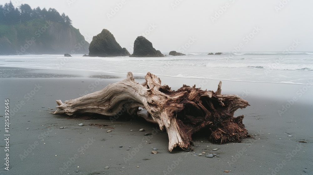 A grand piece of driftwood rests on a mist-laden beach, evoking mystery and the wild allure of untamed coastal landscapes. A grand piece of driftwood rests on a mist-laden beach, evoking mystery and the wild allure of untamed coastal landscapes.