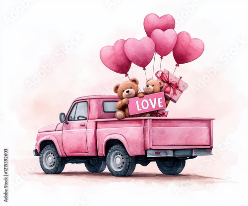 Pink truck with teddy bears, heart balloons, and love gift for valentine's day
