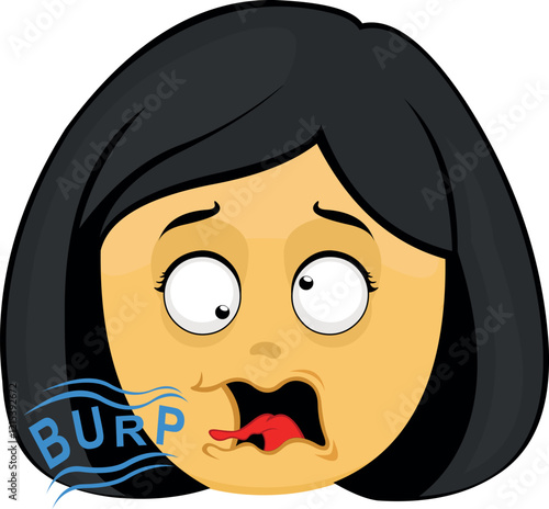 vector illustration yellow emoji face character woman cartoon, mouth burping with the text burp