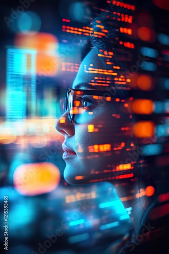 Focused female programmer analyzing code reflections in a vibrant digital environment