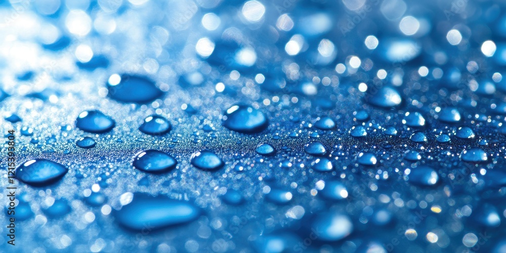 Close-up view of tiny water droplets on a smooth reflective blue surface showcasing intricate details of surface tension Close-up view of tiny water droplets on a smooth reflective blue surface showcasing intricate details of surface tension
