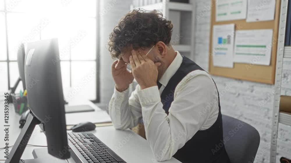 Man stressed at office desk with computer and paperwork, showing frustration in professional indoor workspace with glasses and formal attire. Man stressed at office desk with computer and paperwork, showing frustration in professional indoor workspace with glasses and formal attire.
