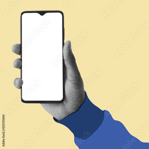 halftone collage art.Hand holding mobile phone screen mockup,Retro element, trendy sticker in Y2K style, vintage collage element.