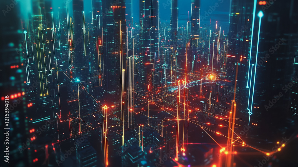 Obraz premium Smart digital Innovation city with connection network reciprocity over the twilight cityscape. of future smart wireless digital city and social media networking systems that connects people with city 