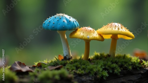 Wallpaper Mural Vibrant blue mushrooms basking in the soft sunlight of an enchanting forest Torontodigital.ca