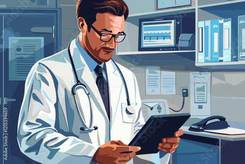 Cardiologist Analyzing Patient Data on Tablet in Hospital Setting