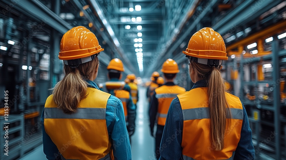 Women in Hard Hats Walk Through Factory Women in Hard Hats Walk Through Factory
