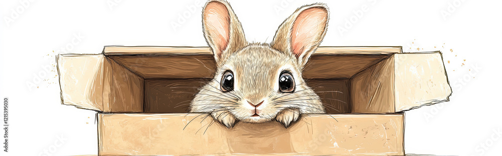 Obraz premium A playful illustration of a Chinchilla Rabbit sitting inside a box, with large, curious eyes and exaggerated whiskers, drawn in a whimsical, child-friendly style