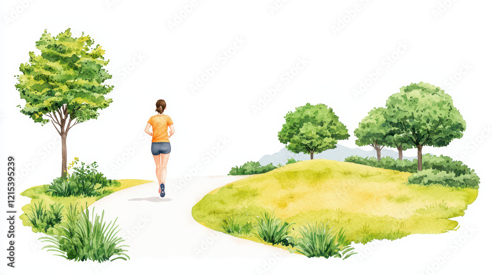 vibrant watercolor scene of woman jogging on scenic path surrounded by greenery vibrant watercolor scene of woman jogging on scenic path surrounded by greenery