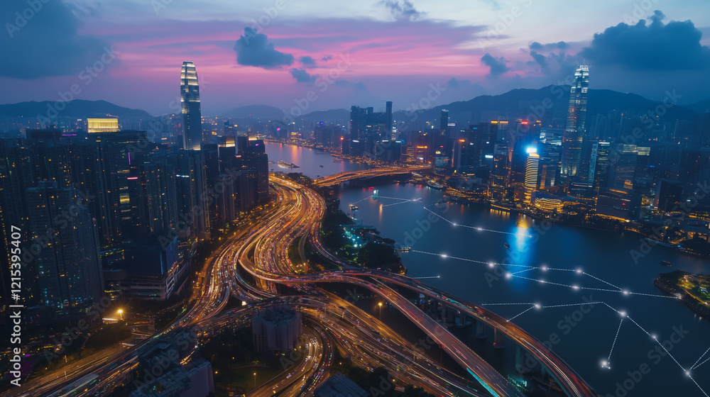 Obraz premium Smart digital Innovation city with connection network reciprocity over the twilight cityscape. of future smart wireless digital city and social media networking systems that connects people with city 
