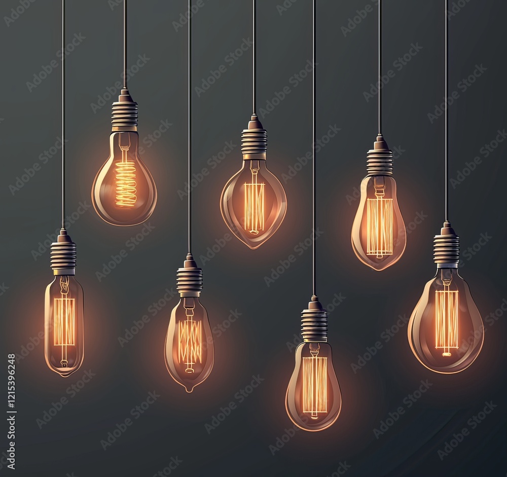A glowing light bulb hanging in the middle of dimmed bulbs on a grey background. A glowing light bulb hanging in the middle of dimmed bulbs on a grey background.