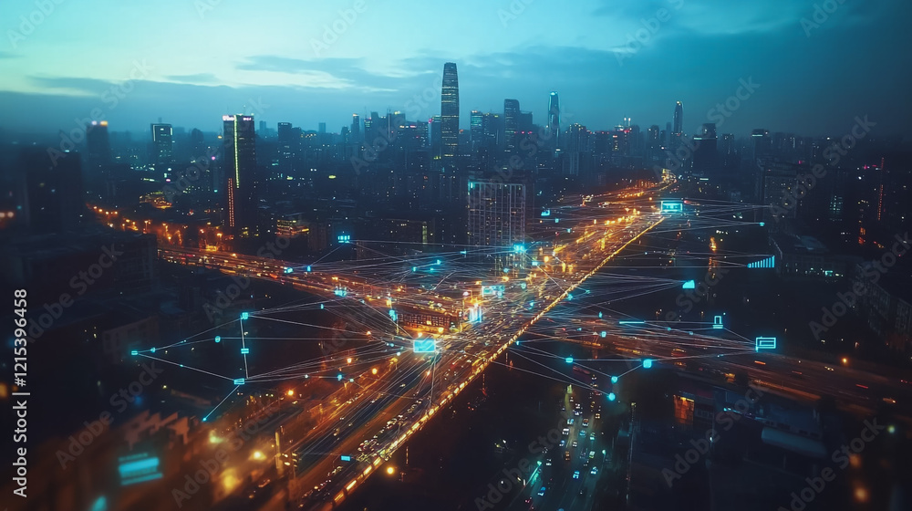 Smart digital Innovation city with connection network reciprocity over the twilight cityscape. of future smart wireless digital city and social media networking systems that connects people with city
Smart digital Innovation city with connection network reciprocity over the twilight cityscape. of future smart wireless digital city and social media networking systems that connects people with city