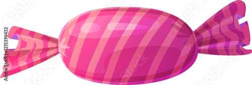 Pink striped candy wrapped in cellophane. Colorful cartoon-style illustration isolated on white background. Sweet confectionery design element for prints and banners