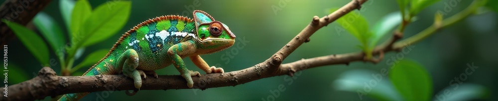 Obraz premium Veiled chameleon clinging to thin tree branch, wildlife, thin branch