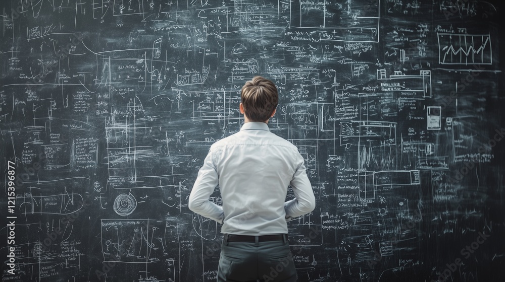 A person in a white shirt stands with hands on hips, deeply focused on a chalkboard filled with diagrams and mathematical equations in a bright, academic setting. A person in a white shirt stands with hands on hips, deeply focused on a chalkboard filled with diagrams and mathematical equations in a bright, academic setting.