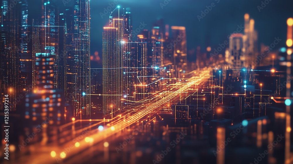 Smart digital Innovation city with connection network reciprocity over the twilight cityscape. of future smart wireless digital city and social media networking systems that connects people with city
Smart digital Innovation city with connection network reciprocity over the twilight cityscape. of future smart wireless digital city and social media networking systems that connects people with city