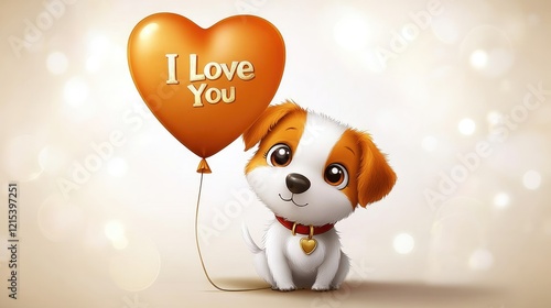 Valentine greeting card with Lovely puppy with balloon in heart shape and gift box with text I Love you.