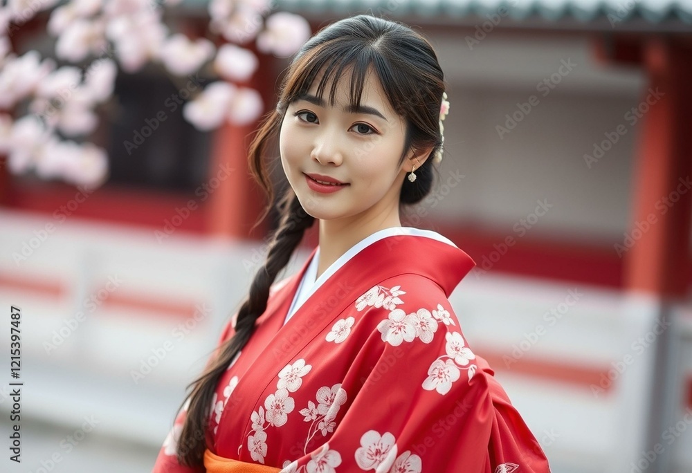 Female in traditional Japanese kimono with red obi Female in traditional Japanese kimono with red obi