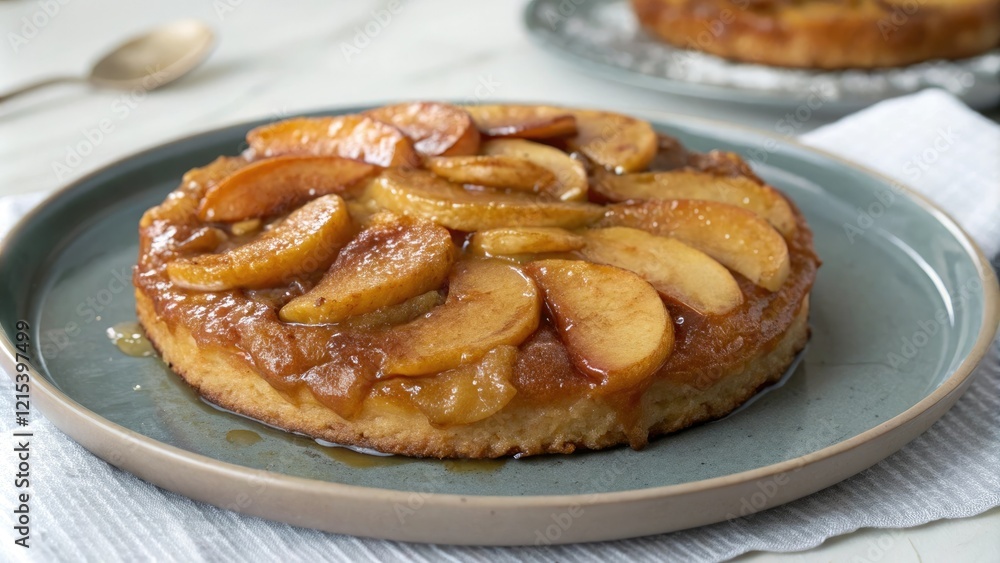 Freshly baked apple tart tatin on a gray plate, autumnal, soft light, arrangement, warm glow, composition Freshly baked apple tart tatin on a gray plate, autumnal, soft light, arrangement, warm glow, composition