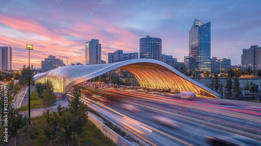 Fototapeta premium Modern Bridge at Sunset Over City Skyline