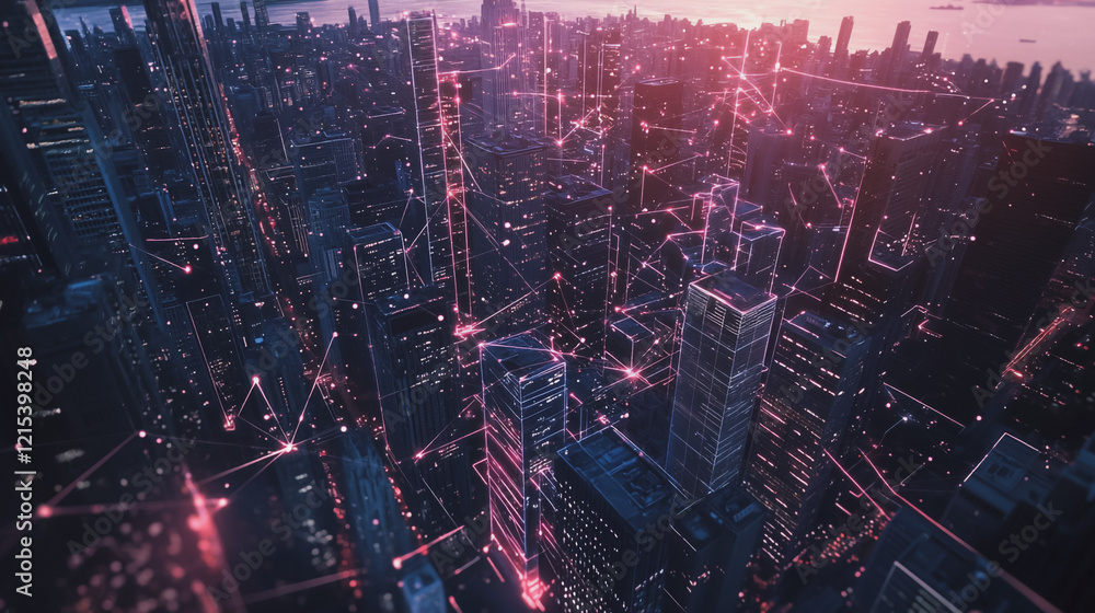 Fototapeta premium Smart digital Innovation city with connection network reciprocity over the twilight cityscape. of future smart wireless digital city and social media networking systems that connects people with city 