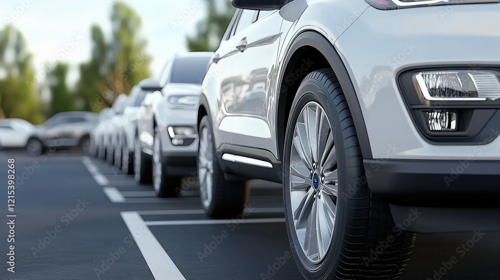 A row of several parked cars can be seen neatly arranged in a contemporary parking lot, which is bordered by lush trees under the bright daylight A row of several parked cars can be seen neatly arranged in a contemporary parking lot, which is bordered by lush trees under the bright daylight