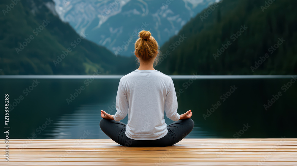 Meditating woman by serene lake, surrounded by mountains and nature Meditating woman by serene lake, surrounded by mountains and nature