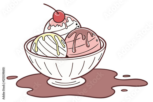 Ice Cream Scoops and Cherry in Bowl. Clean Vector Art