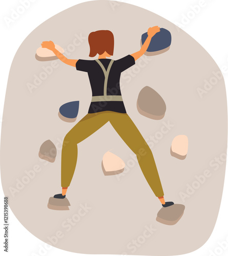 Rear view of a climber scaling an artificial climbing wall practicing lead climbing