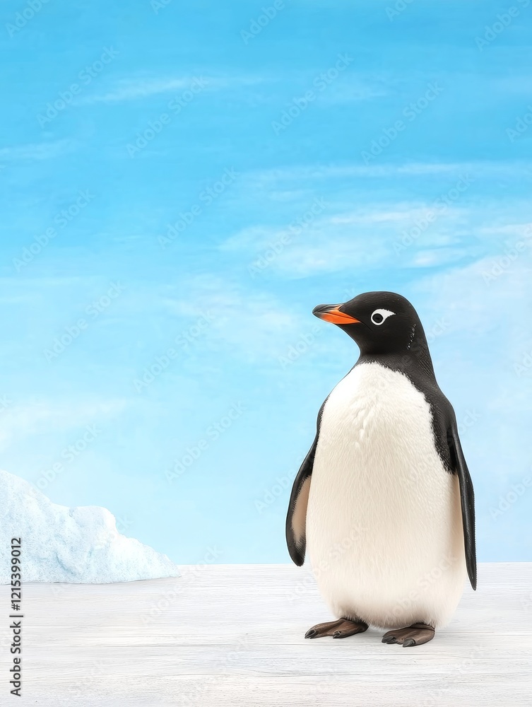 Naklejka premium Antarctic Penguin on Ice - A single penguin stands on a snowy landscape against a bright blue sky, a small iceberg visible in the background.